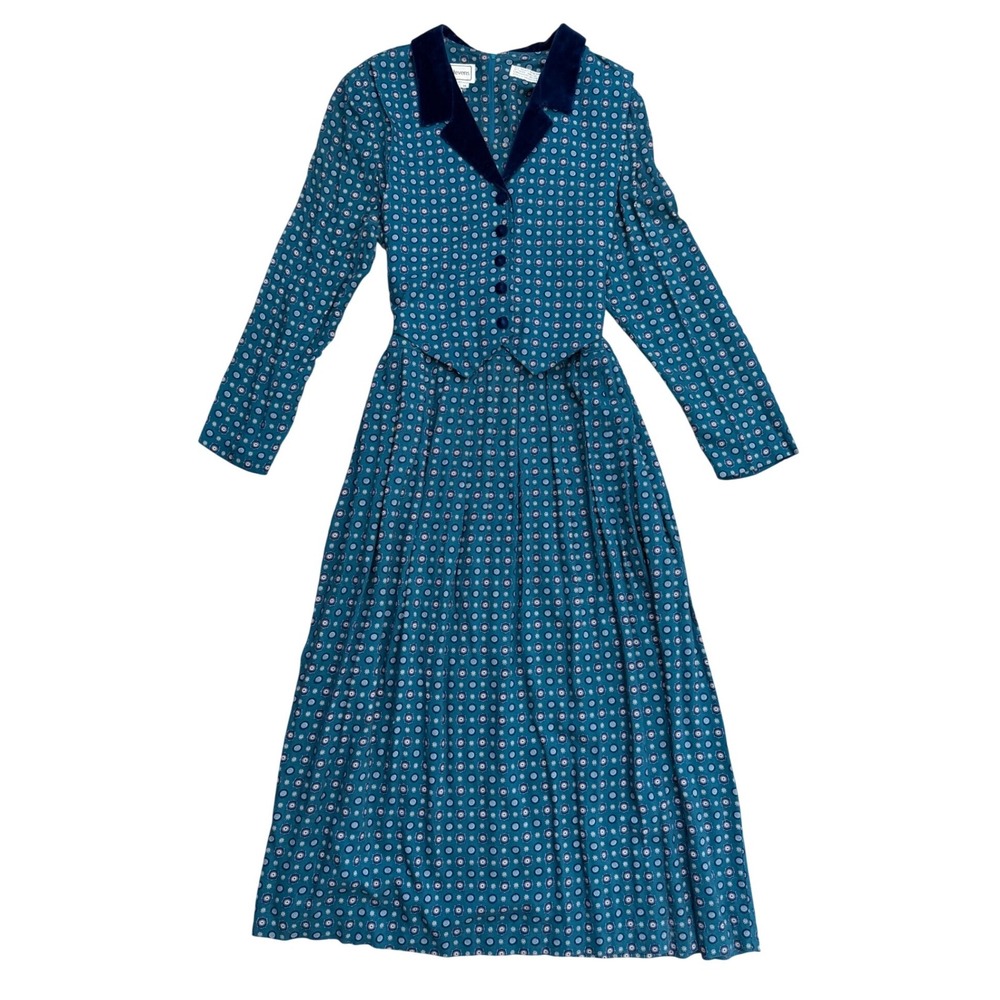 Vtg Teal Medallion Midi‎ Dress Velvet Collar Prairie cottagecore preppy tie back